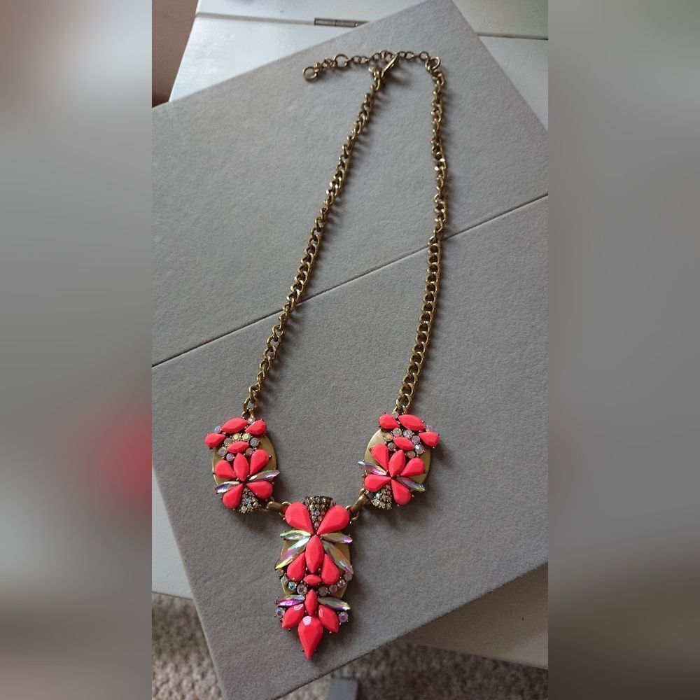 J. Crew neon pink & rhinestones statement necklace